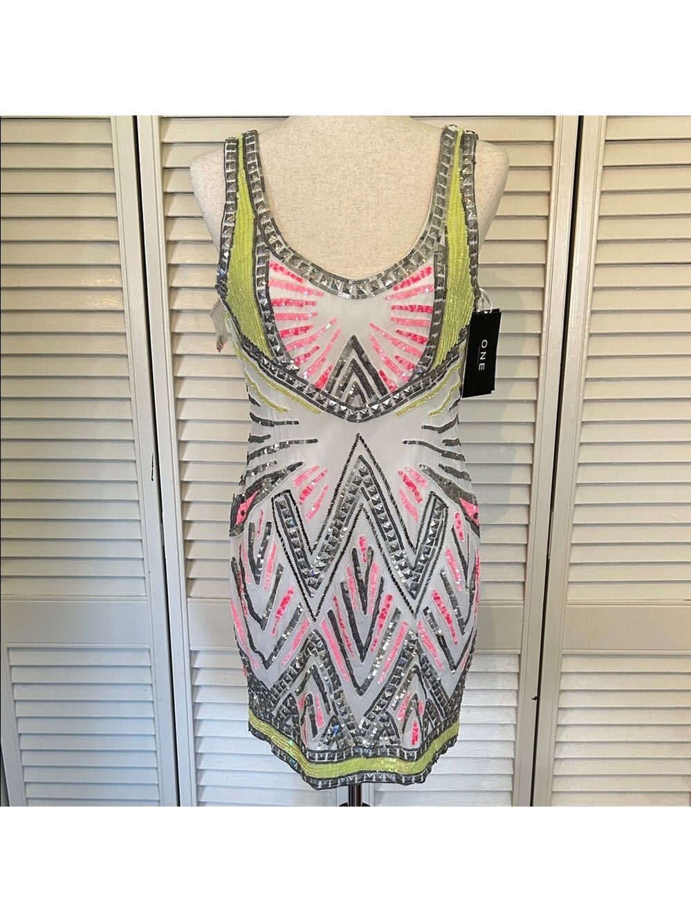 Sequin-Embellished White Mini Dress with Neon Pink & Lime Accents | Size XS